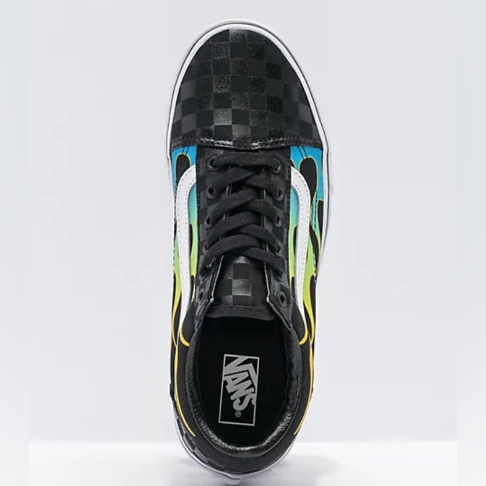 Vans “Old Skool” Kids Black Checkered Sneakers Glow Multicolor Flames SZ 6.0 - Picture 3 of 8